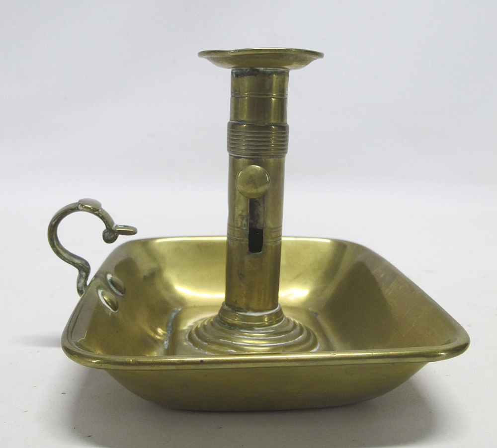 Antique Primitive Gilt Brass Finger Loop Chamber Stick Square Candle